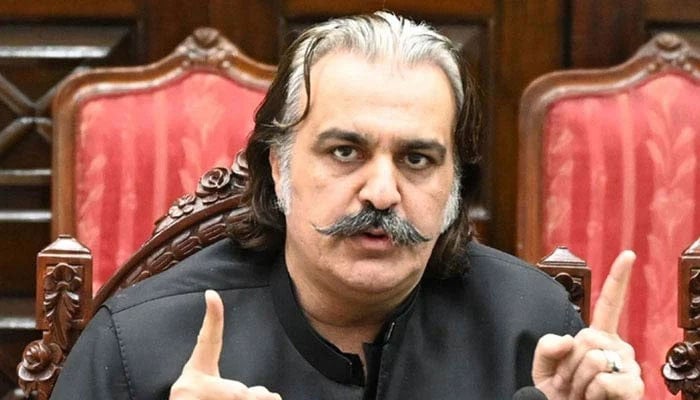 Khyber Pakhtunkhwa Chief Minister Ali Amin Khan Gandapur gestures as he speaks at a presser in Peshawar on April 22, 2024. — X@GovernmentKP