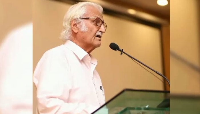 The image released on July 5, 2024 shows Senator Farhatullah Babar addressing an event. — Facebook@PHRN.PAKISTAN