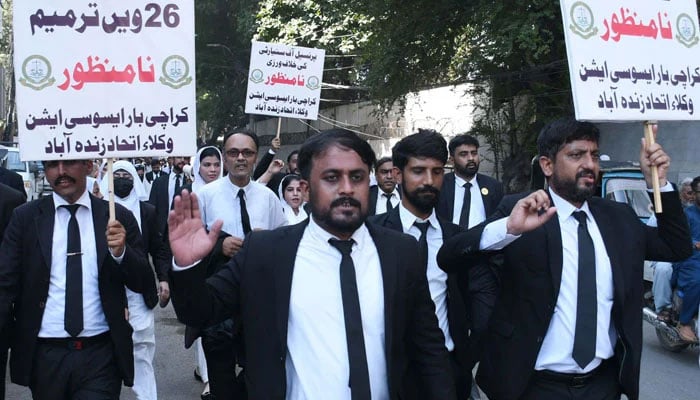 Lawyers hold a rally against the 26th Constitutional Amendment Act, 2024, in Karachi on October 26, 2024. — Online