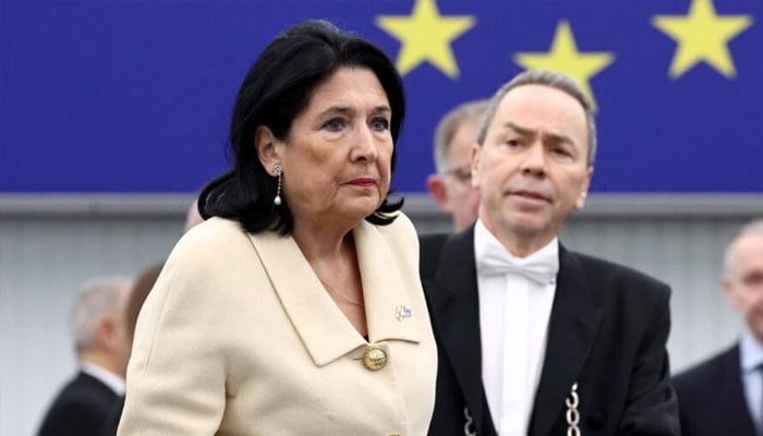 Georgia’s President Salome Zourabichvili (left) arrives to address MEPs during a plenary session at the European Parliament in Strasbourg, eastern France, on December 18, 2024. — AFP