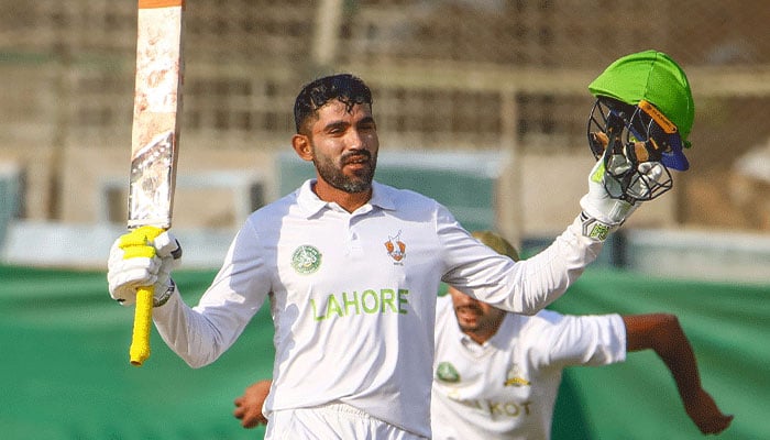 Imran Dogar celebrating after century in the Quaid-e-Azam Trophy match against Sialkot at National Bank Stadium, Karachi on December 28, 2024.— PCB/File