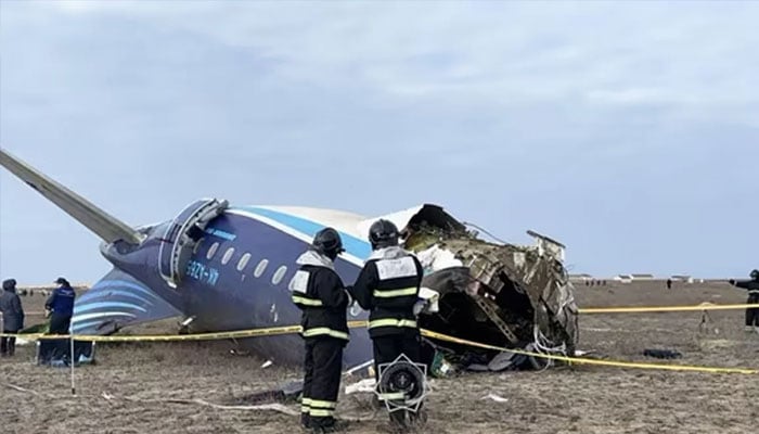 The wreckage of the Azerbaijani Airlines-operated Embraer 190, flight J2-8243, near Kazakhstans Aktau city on December 25, 2024. — AFP