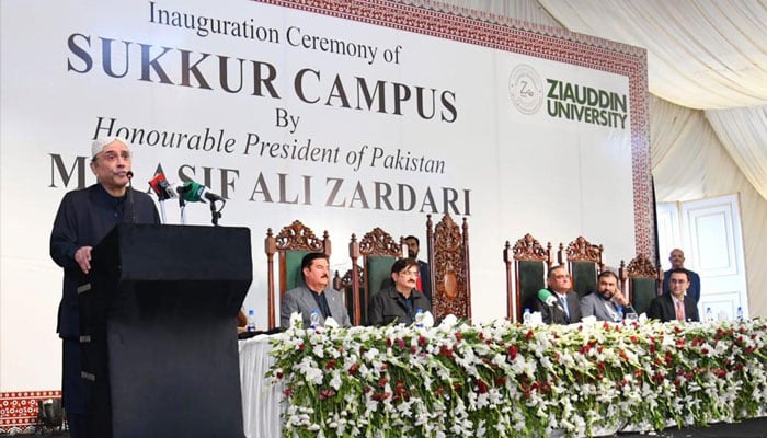 President Asif Ali Zardari addressing the inauguration ceremony of Dr Ziauddin Hospital Sukkur Campus, in Sukkur on December 28, 2024.— PID