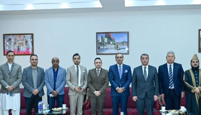 A delegation of prominent business leaders of twin cities of Islamabad and Rawalpindi led by Sardar Yasir Ilyas Khan (centre) with Azerbaijan officials on December 28, 2024. — Facebook@sardar.yasir.7583992