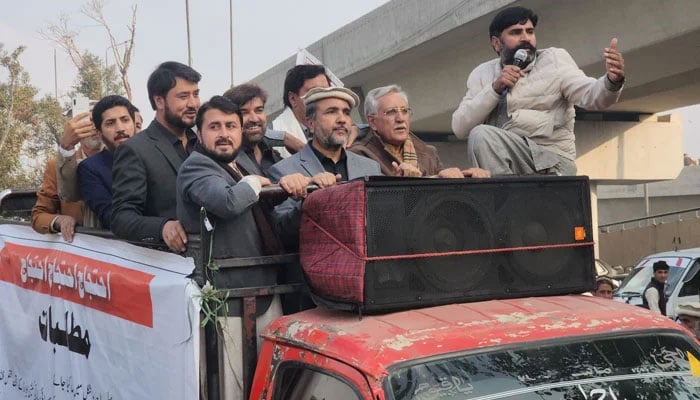 The protest demo led by Mayor of Mardan Himayatullah Mayar continues on second day on Dec 27, 2024.   — Facebook@HimayatMayaar