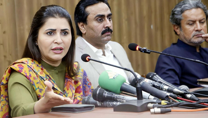 Peoples Party (PPP) Central Information Secretary, Shazia Marri speaks during a press conference at PPP Media Cell Bilawal House in Karachi on February 17, 2024. — PPI