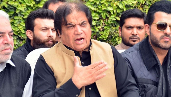 PML-N leader Hanif Abbasi addressing a press conference in this undated picture. — Online