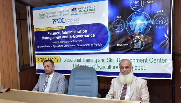 Speakers seen at the inaugural session of a four-week workshop titled Finance, Administration Management and E-governance arranged by Professional Training and Skill Development Centre, UAF. — Facebook@UniversityOfAgricultureFaisalabadPakistan