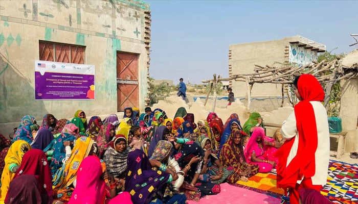 A photo from the session under Community Development Initiative (CDI) funded by IREX on the importance of Sexual and Reproductive Health and Rights (SRHR) at Pana Shah Village.— Facebook@mathranisanjai/file