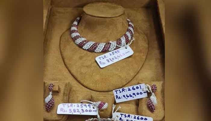 The picture shows a diamond set of approximately Rs14.827 million with the necklace costing Rs8.3 million, earrings worth Rs966,900, a ring of Rs382,300 and a bangle for Rs5.17 million. — geo.tv/File