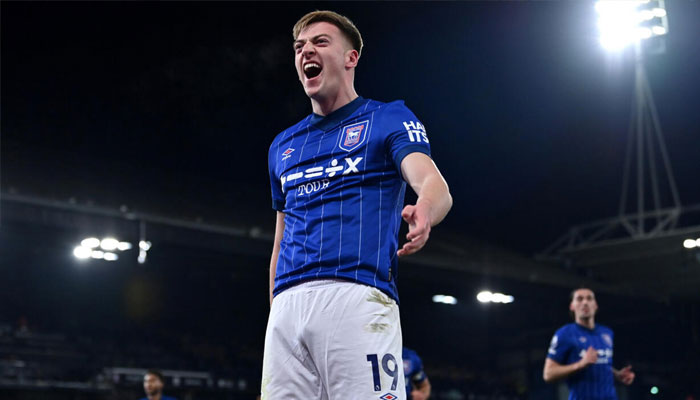 Ipswichs Liam Delap celebrates scoring against Chelsea. —AFP