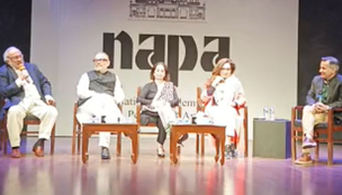 Speakers seen at the stage during the launch of the book titled ‘Three Tales From Gulistan-e-Saadi’ at the National Academy of Performing Arts (Napa) on December 31, 2024.— Facebook@joyofurdu