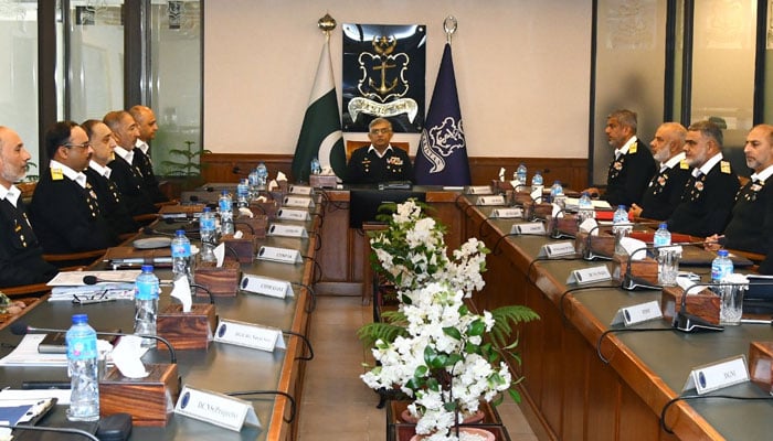 Chief of the Naval Staff Admiral Naveed Ashraf presides over the Command and Staff Conference at the Naval Headquarters in Islamabad on December 31, 2024. — Facebook@DgprNavy