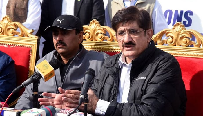 Sindh Chief Minister Syed Murad Ali Shah (right) addresses the media following his inspection of the Kalri Baghar Feeder lining project on December 31, 2024. — Facebook@SindhCMHouse