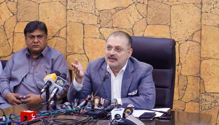 Sindh Senior Minister for Information and Transport Sharjeel Inam Memon addressing a press conference. — Facebook@SharjeelInamMemon/File