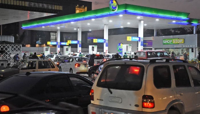 Vehicles lined up at the Pakistan State Oil petrol pump in this undated photo. — Online/File