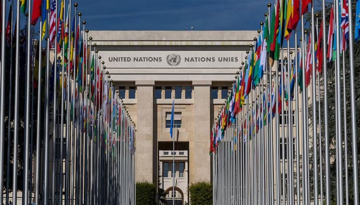 The flag alley at the United Nations European headquarters is seen during the Human Rights Council in Geneva, Switzerland on September 11, 2023. — Reuters