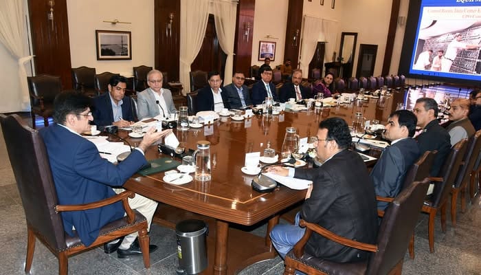 Sindh Chief Minister Syed Murad Ali Shah presides over a meeting to review the progress of Sindh Safe Cities Authority (SSCA) at CM House on January 1st, 2025. — Facebook@SindhCMHouse