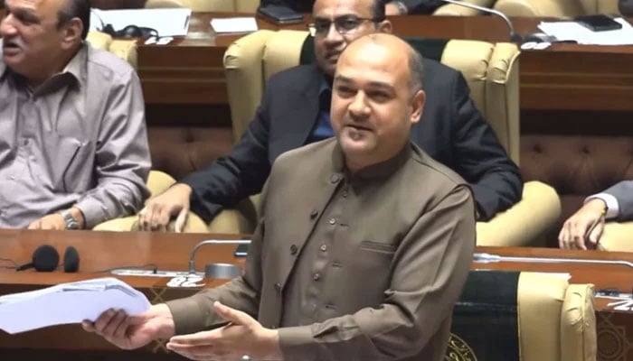 Sindh Assembly opposition leader Ali Khurshidi of the Muttahida Qaumi Movement-Pakistan (MQM-P) gestures while speaking during the Sindh Assembly Budget session on June 26, 2024. — Screengrab via Facebook/Ali Khurshidi