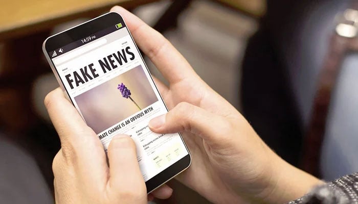 Representational image shows a person using a mobile phone showing Fake News written on its screen. — Unsplash/File