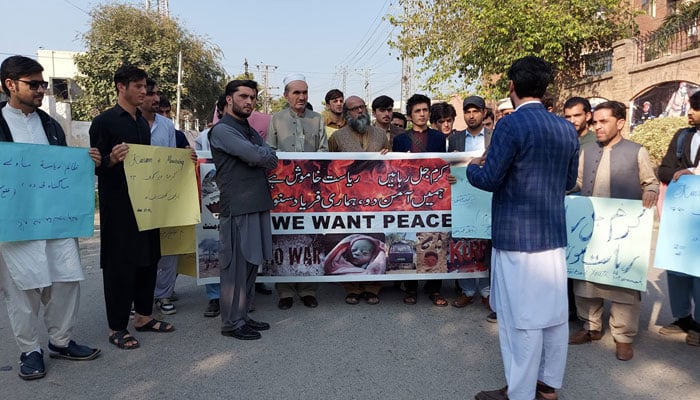 Members of Tribal Youth Movement hold protest demonstration against the recent terrorist attack in Parachinar at Peshawar Press Club on November 24, 2024. — Facebook@TYMFso