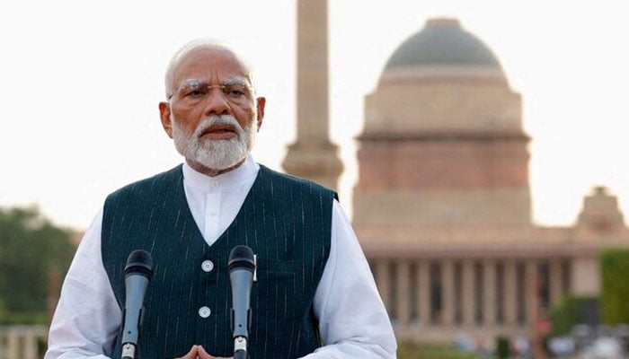 Indian Prime Minister Narendra Modi addresses the media after his meeting with President Droupadi Murmu, to stake claim to form the new government at the Presidential Palace in New Delhi, India, June 7, 2024. — Reuters