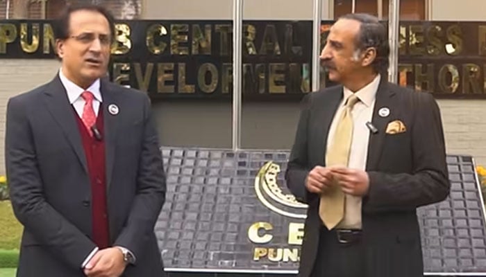 Punjab Central Business District Development Authority CEO Imran Amin and COO Brig (retd) Mansoor Janjua seen amid a discussion in this screengrab. — Facebook@CBDPunjab/File