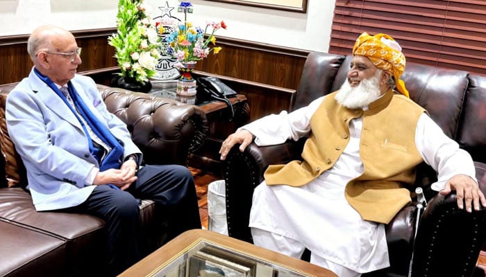 PML-Ns Parliamentary Leader in the Senate Irfan Siddiqui calls on Jamiat Ulema-e-Islam-Fazl (JUIF) chief Maulana Fazlur Rehman on January 3, 2025. — PID