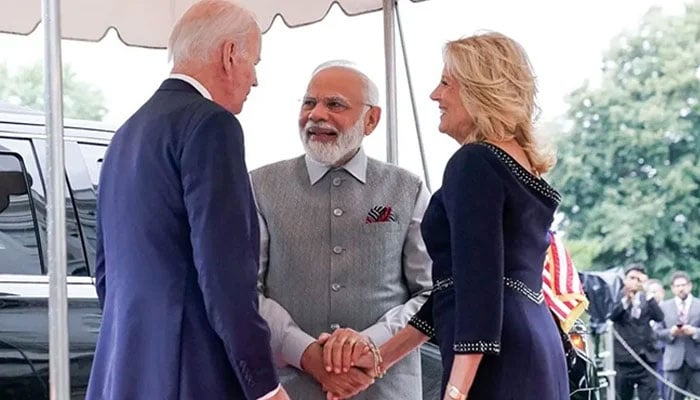 US President Joe Biden (left) and first lady Jill Biden (right) welcome Prime Minister of India Narendra Modi to the White House in Washington, US, June 21, 2023. — Reuters