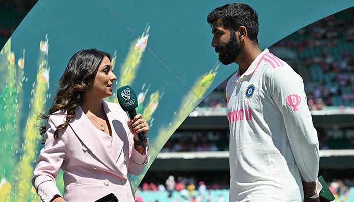 Indias captain Jasprit Bumrah (right) speaks at the presentation ceremony after the fifth and final cricket Test match between Australia and India at the Sydney Cricket Ground on January 5, 2025.— AFP