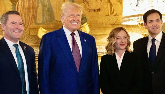 Italian Prime Minister Giorgia Meloni met with President-elect Donald Trump (center), accompanied by Sen Marco Rubio (right) and Rep Michael Waltz (left) at Mar-a-Lago in Palm Beach, Florida, on Saturday.— Reuters/File