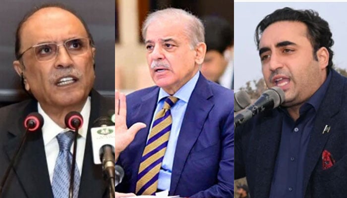 President Asif Ali Zardari (left) and Prime Minister Shehbaz Sharif (centre) and PPP Chairman Bilawal Bhutto Zardari (right). — PID/X@MediaCellPPP/File