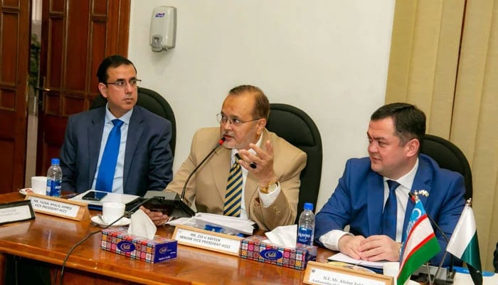 Alisher Tukhtaev, ambassador of the Republic of Uzbekistan is seen at the Karachi Chamber of Commerce and Industry (KCCI) on January 2, 2025.  — Facebook@lmsbegawala