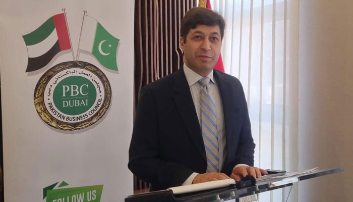 Pakistan’s Consul General in Dubai, Hussain Muhammad speaking at a ceremony held in honor of newly elected office bearers of PBC. — Reporter