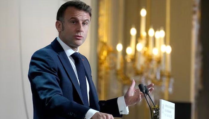 French President Emmanuel Macron delivers his speech to French ambassadors posted around the world, Monday, Jan. 6, 2025 at the Elysee Palace in Paris. — Reuters