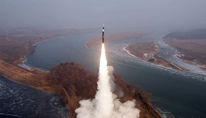 An image of North Korean test of a new intermediate-range hypersonic ballistic missile (IRBM) on Monday. — Reuters/File