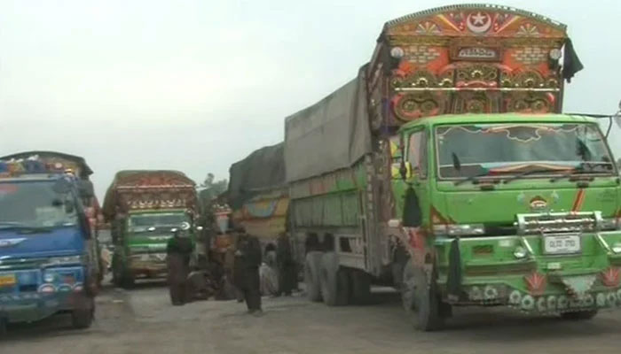 Trucks, part of relief convoy en route to Kurram, can be seen on January 4, 2025. — Screengrab via Geo Ne