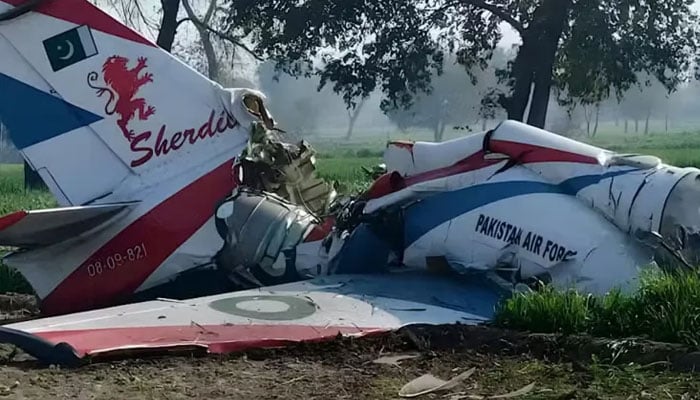 A Pakistan Air Force training aircraft seen after crash Near Risalpur.— Instagram@tessaron_3/File