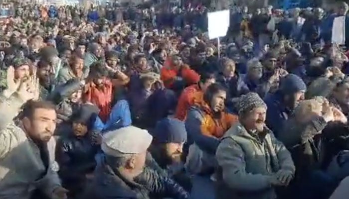 People take part in a protest in Gilgit-Baltistan on December 28, 2023, in this still taken from a video. —YouTube@Geo News