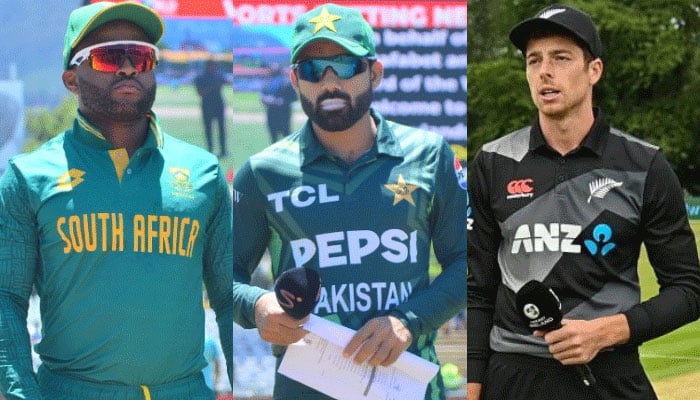 South African captain Temba Bavuma (left), Pakistan Captain Mohammad Rizwan (centre) and New Zealand captain Mitchell Santner. — AFP/File