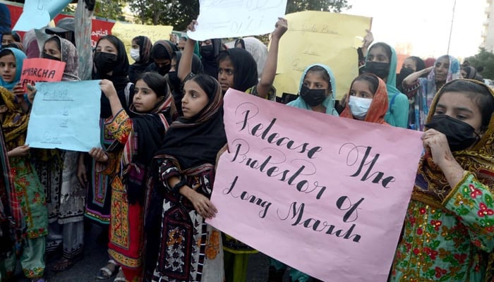 A representational image showing children protesting for missing persons. — Facebook@BalochYakjehtiCommitee/File