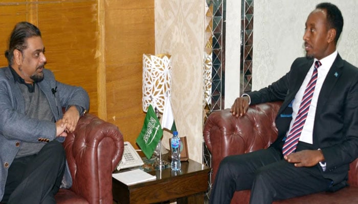 Ambassador of Somalia Shiekh Noor Mohamed Hassan is seen in a meeting with President of the International Islamic University (IIU) Islamabad Prof. Dr Ahmed Shuja Syed on the universitys new campus on January 9, 2025. — Facebook@iiu.isbpk