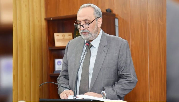 Peshawar High Court (PHC) Chief Justice Ishtiaq Ibrahim as a chief guest expresses his views at a three-day specialized training at Khyber Pakhtunkhwa Judicial Academy on July 18, 2024. — Facebook/KP Judicial Academy