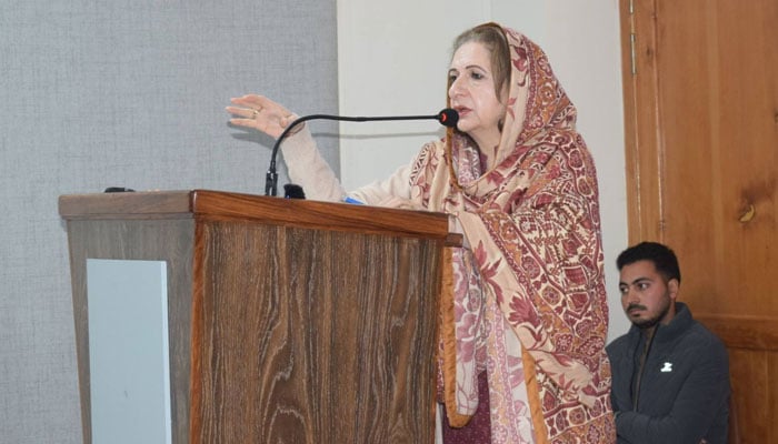 Chief Information Commissioner of Khyber Pakhtunkhwa Information Commission, Farah Hamid Khan addresses the closing ceremony of the “Youth Climate Education and Fellowship Programme on Climate Governance” on January 9, 2025. — Facebook@kprti