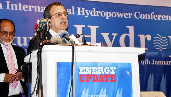 Federal Minister for Power Sardar Awais Ahmed Khan Leghari addresses the 4th International Hydropower Conference in Islamabad on January 9, 2025.— PID