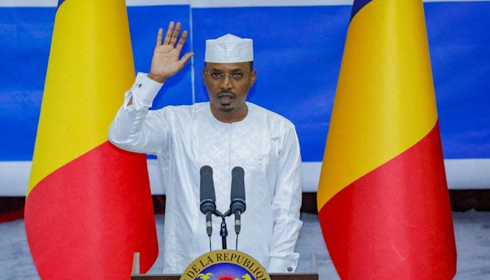 Chadian President leader Mahamat Idriss Deby raises his hand during his inauguration ceremony in Ndjamena, Chad, May 23 2024. —Reuters