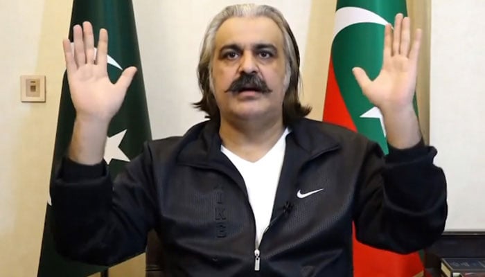 KP CM Ali Amin Gandapur gestures during a video link address to PTI workers on September 22, 2024. — Screengrab via YouTube/Geo News