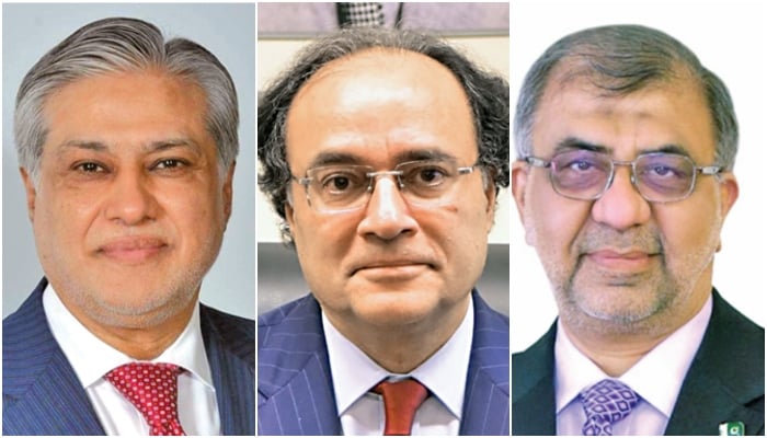 Deputy Prime Minister and Foreign Minister of Pakistan Senator Muhammad Ishaq Dar (left),  Minister of Finance & Revenue of Pakistan Muhammad Aurangzeb (centre) and SAFA President Ashfaq Yousuf Tola, FCA. — The News Print Edition/File