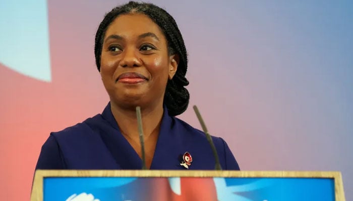 UK opposition leader Kemi Badenoch is seen addressing an event. — Reuters