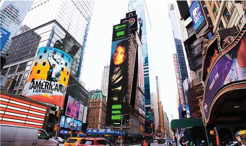 Arooj Aftab has been the first artist selected as part of the EQUAL Pakistan initiative. Her music has been highlighted on Spotifys special EQUAL Pakistan curated playlist, and she has been shining brightly at a digital billboard at Times Square, NYC, for one month.